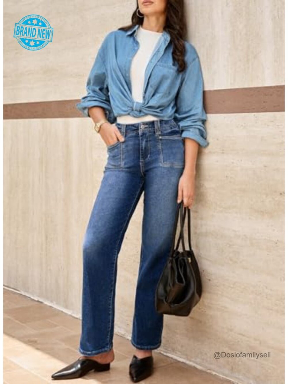 Wide Leg Jeans High Waisted Stretchy Buttoned Denim Pants Trendy 2025 with - Picture 4 of 7